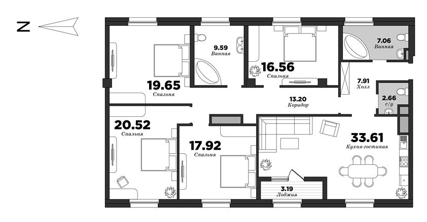 NEVA HAUS, 4 bedrooms, 150.28 m² | planning of elite apartments in St. Petersburg | М16